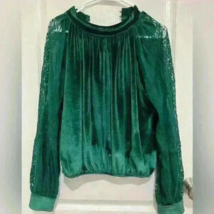 Choklate Velvet High Neck top green holiday party small blouse